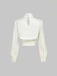 SHEIN MOD 女式纯色立领灯笼袖镂空褶饰腰部性感衬衫 - 白色 - 查看 3