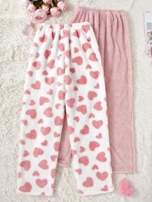 SHEIN 2pcs Women's Heart Print & Plush Pink Fluffy Pajama Pants Set, Autumn/Winter Pjs Pants Set Pink Fluffy Pajama Set Heart Fluffy Pajama Set Fuzzy Fluffy Pajama Set Cute Fluffy Pajama Set  Cozy And Elegant Details, Fall Winter Clothes