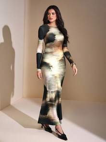 JIAN LASALA Elegant Gradient Print Long Sleeve Maxi Knit Dress Women Spring Autumn Casual Long Dress Earth Tone Maxi Dress Abstract Print Maxi Dress Long Sleeve Maxi Dress Long Tight Dress Bodycon Maxi Dress Elegant Dresses For Women Going Out Party Dress Winter Evening Dress Luxury Stylish Clothing Collection