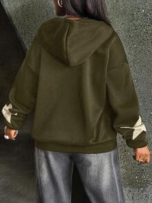 INAWLY Women's Star Patchwork Drop Shoulder Loose Zip Up Drawstring Hoodie, Spring & Autumn,Long Sleeve Top,Graduation,Teacher,Back To School Pullover Fall - Army Green - View 2