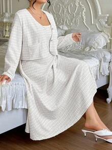 Roveilla Plus Size Women Tweed Vest Dress & Jacket 2 Pieces Set - White - View 3
