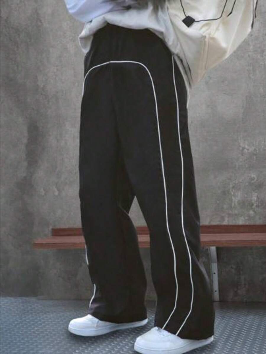 SHEIN 青少年男童休闲日常舒适拼布撞色抽绳宽松直筒梭织裤 - 黑色 - 查看 1