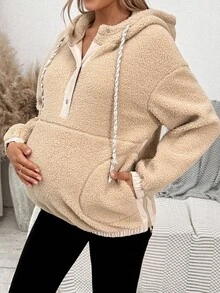 SHEIN Autumn And Winter Outdoor Casual Loose Hooded Warm Fleece Long Sleeve Maternity Sweatshirt - Khaki - View 3