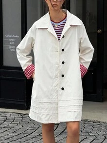 INAWLY Khaki Mid-Length Trench Coat With Contrast Plaid Pattern For Women - Khaki - View 6