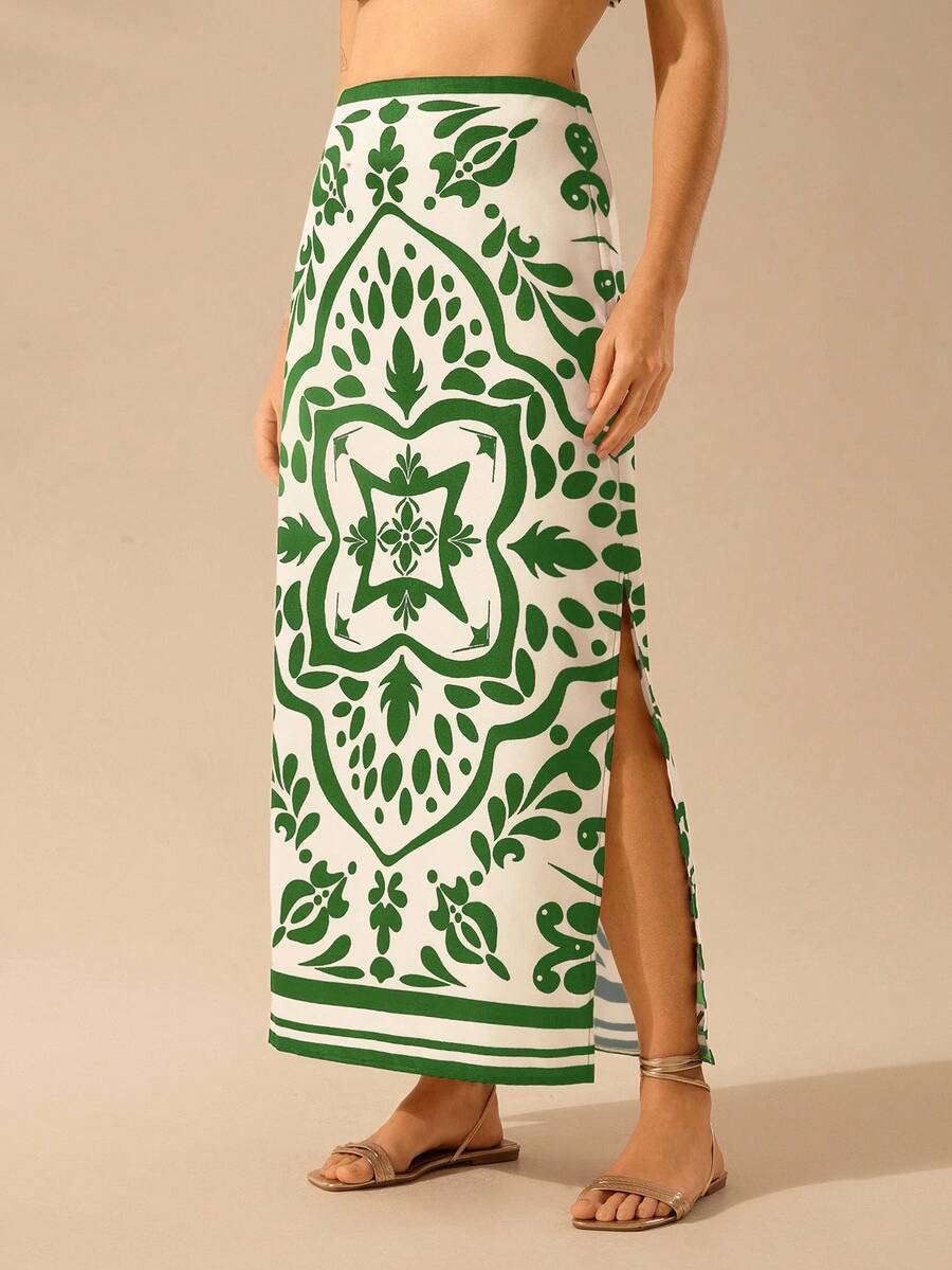 CAJUNI Váy dài xẻ tà in họa tiết Boho cổ điển thường ngày dành cho nữ - màu xanh lá - Xem 1