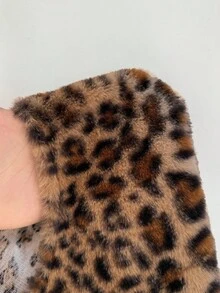 SHEIN PETITE 女式豹纹羊毛拉链无袖夹克，秋冬 - 棕色 - 查看 7