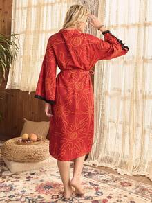 Lullawish Bohemian Eye & Sun Pattern Bubble Crinkle Women Sleepwear Robe, Fall