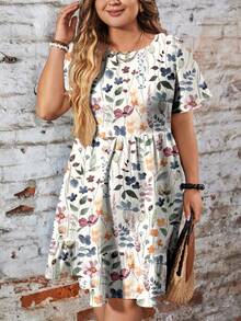 EMERY ROSE Casual Vintage Ditsy Floral Loose Fit Round Neck Short Sleeve Plus Size Dress, Suitable For Teacher's Day And Back To School Season