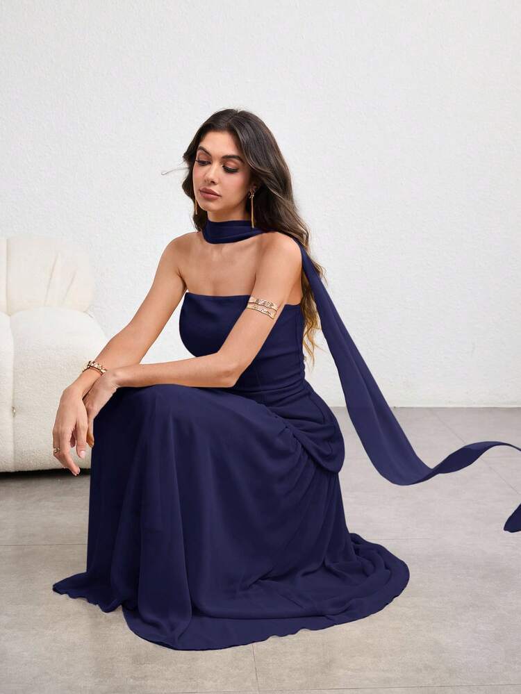 NOVVYNE فستان نسائي بتنورة غير متماثلة وكشكشة، أنيق وجذاب، أصفر فاتح، للربيع/الصيف - أزرق بحري - مشاهدة 4