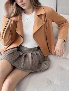 Teen Girls' Casual Suede Lapel Collar Zip-Up Moto Jacket, Autumn Fall Winter - Brown - View 7