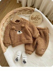 Newborn Baby Girl Cute Fluffy Cartoon Pattern Long Sleeve Sweatshirt Set, Autumn/Winter Fall - Brown - View 3