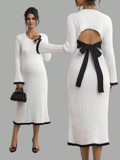 Momance 孕妇装拼色蝴蝶结后背系带圆领长袖毛衣裙