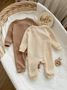 SHEIN 2pcs Newborn Baby Girl Baby Boy Daily Basic Neutral Cute Solid Color Knitted Long Sleeve Jumpsuit, Autumn/Winter Fall
