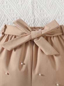 SHEIN Beaded Bowknot Waist Casual Young Girls Pants Fall Winter - Khaki - View 3