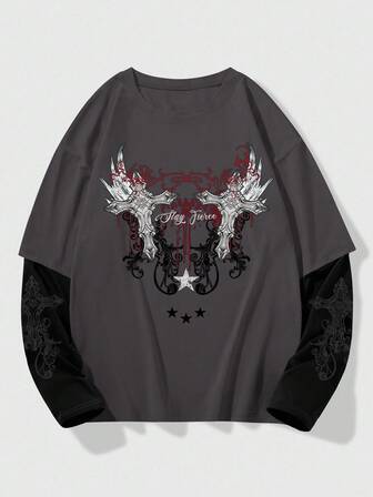 Grunge Punk T-shirt décontracté à manches longues col rond avec imprimé lettres et croix pour hommes