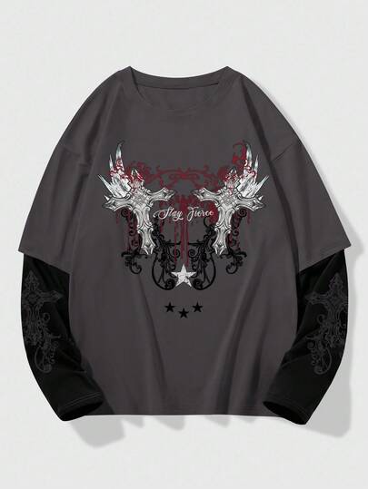 Grunge Punk قميص كاجوال بياقة دائرية وأكمام طويلة مطبوع عليه حرف وصليب للرجال