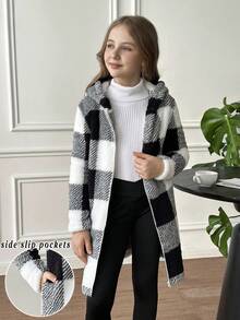 SHEIN Tween 女童双面格子和泰迪羊毛连帽拉链长款夹克，休闲时尚，适合周末出游，秋冬季 - 黑色 - 查看 2
