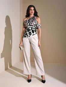 JIAN LASALA Animal Print Asymmetric Shoulder Ruched Knit Top Women Summer Autumn Casual Wear Leopard Print Top Animal Print Top One Sleeve Top Fall For Women Going Out Party Top New Year Wedding Guest Luxury Stylish Collection - Multicolor - View 6
