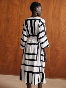 Lumivelle Green Women's Elegant Minimalist Geometric Pattern Waist Cinched Loose Flared Dress - Multicolor - View 2