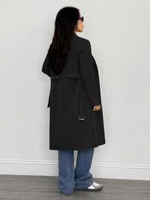 SHEIN PETITE 复古长袖收腰女士风衣，冬季，新年夜，商务黑色外套 - 黑色 - 查看 2