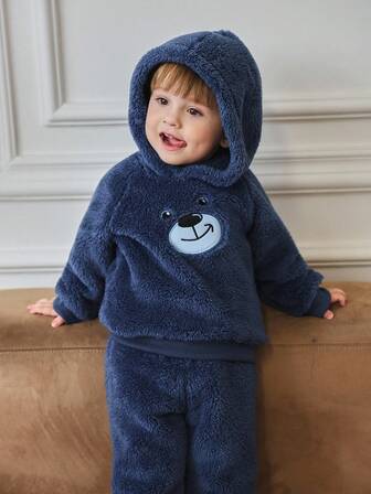 Souflis Souflis 2pcs/Set Toddler Boys' French Retro Thick Long Sleeve Fleece Top And Pants Outfit, Suitable For Outings, Shopping, School And Various Occasions, Autumn/Winter 2025 Fall