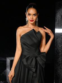 Glamrae Elegant Romantisk Gul Satin Asymmetrisk Plisserad Axelbandslös Överdimensionerad Rosettdekoration Hög Slits Maxikjol, Lämplig För Formella Tillfällen, Fester, Dejter, Galor - Svart - Visa 4