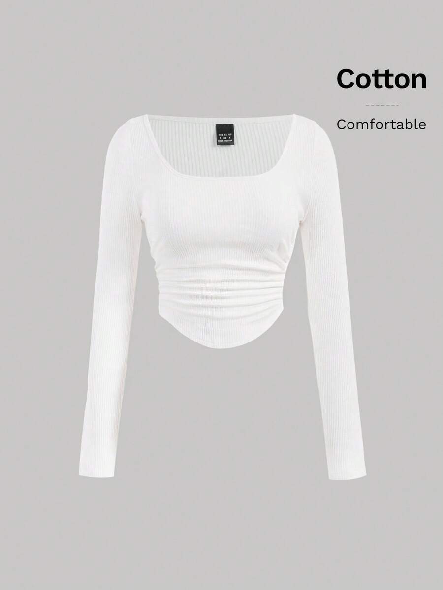 SHEIN MOD Scoop Neck Ruched Side Curved Hem Long Sleeves Slim Fit White Crop Tee - White - View 1