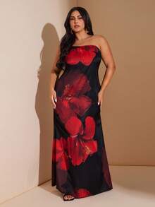 SHEIN BAE Plus Size Women Red /Black Floral Satin Jacquard Dress/ New  Fall Fashion Clothes For Women,Autumn Outfits Women Plus Size ,Halloween Costume,Wedding Guest Dress Women,Going Out Dress Women,Homecoming Dress,Formal Dress Plus Size,Fall Clothes Plus Size,Plus Size Woman Dresses,Dresses Classy Elegant,Birthday Dresses For Women,CURVE,Christmas Women's Clothing,National Day,Graduation/Curvy Elegant Dresses For Party