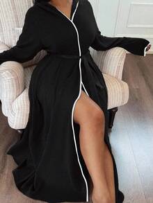 Napfluff CURVE Napfluff CURVE Soft Knit Floral Gauze Casual Hooded Loungewear Plus Size Robe, Fall & Winter, Cozy Outfit - Black - View 3