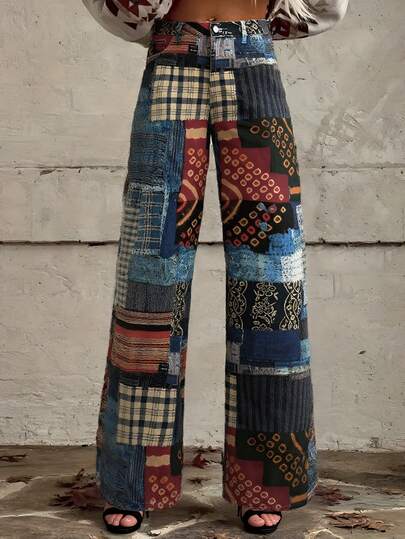 EMERY ROSE Jeans de tiro alto, pierna ancha y estampado de patchwork sueltos para mujer