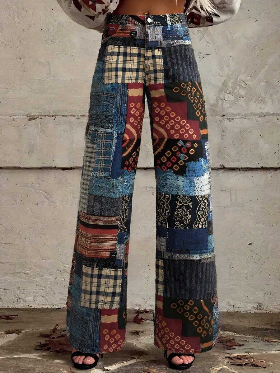 EMERY ROSE Women's Patchwork Print Loose High Waist Wide Leg Jeans - Multicolor - View 1