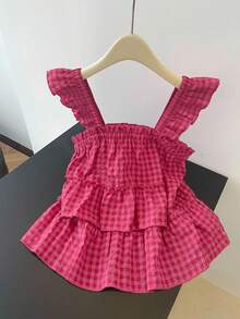 INAWLY 大码女式休闲无袖荷叶边下摆衬衫，夏季 - 玫紅色 - 查看 4