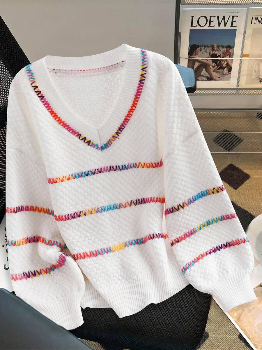 SHEIN Clasi Regalyn Plus Size Women V-Neck Contrast Color Casual Pullover  Sweater,Autumn/Winter - White - View 1