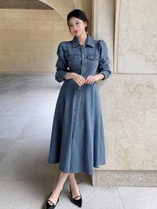 DAZY 女式长袖泡泡袖束腰优雅牛仔连衣裙