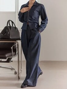 DAZY Áo khoác cardigan cổ bẻ denim và quần ống rộng cho nữ Bộ đồ denim thường ngày - Rửa tối - Xem 1