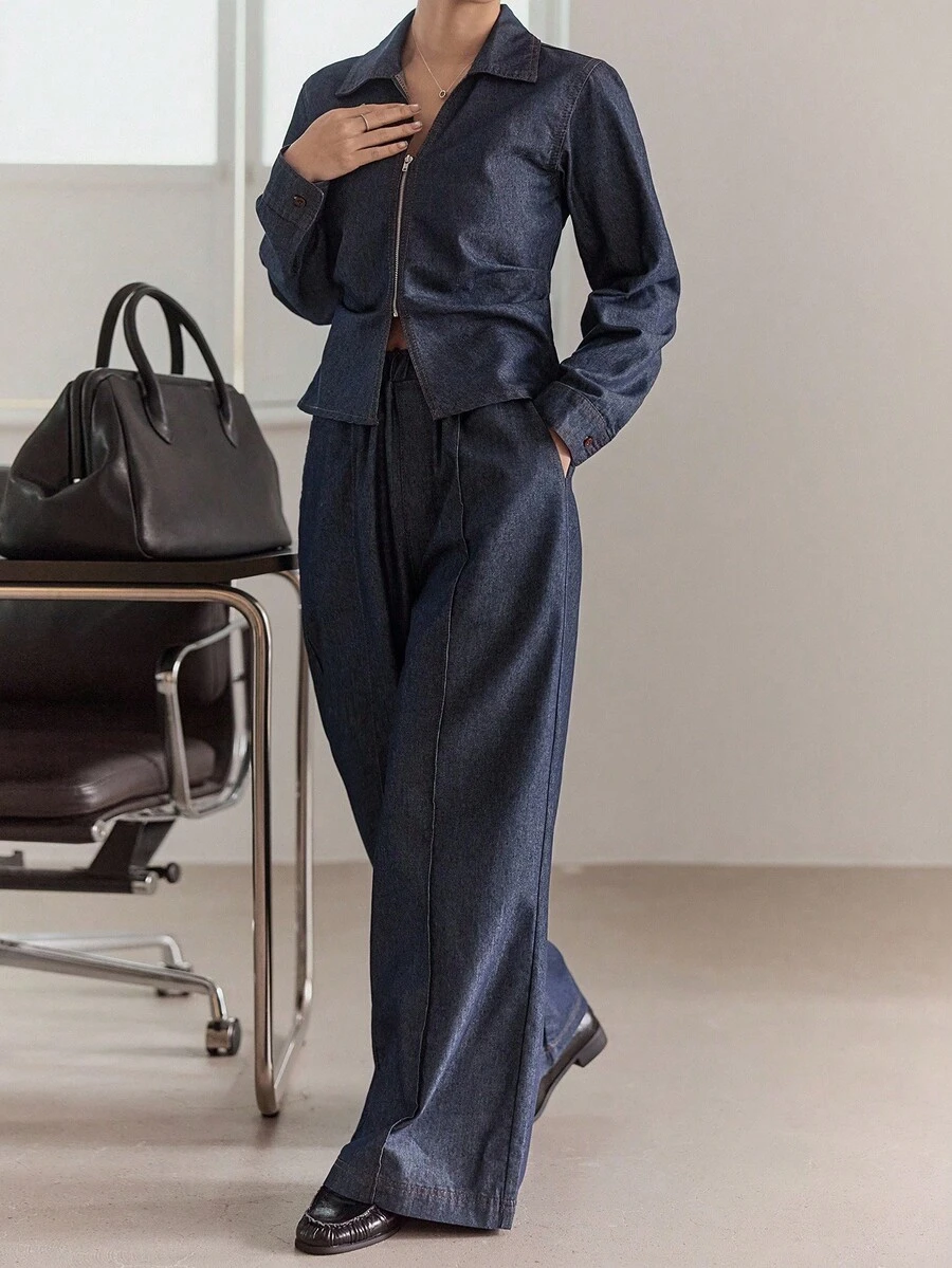 DAZY Áo khoác cardigan cổ bẻ denim và quần ống rộng cho nữ Bộ đồ denim thường ngày - Rửa tối - Xem 1