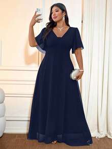 Elenzga Plus Size Elegant Navy Blue Summer Wedding Chiffon Shirred Short Sleeve Waist Tie Flared Maxi Dress,Commuter Casual Versatile Comfortable Fabric - Navy Blue - View 6