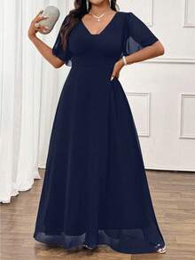 Elenzga Plus Size Elegant Navy Blue Summer Wedding Chiffon Shirred Short Sleeve Waist Tie Flared Maxi Dress,Commuter Casual Versatile Comfortable Fabric - Navy Blue - View 8