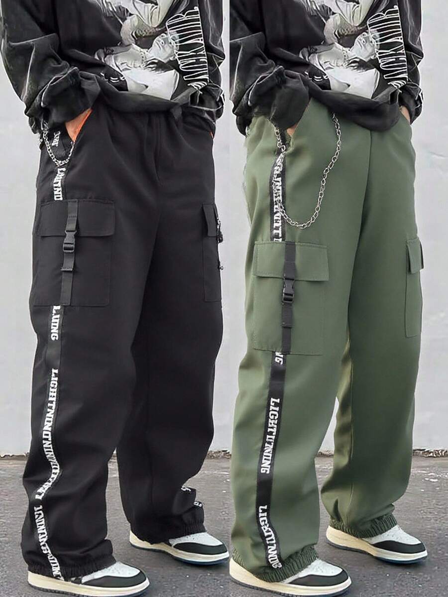 Teen Boy Letter Tape Side Flap Pocket Pants Fall Winter - Multicolor - View 1