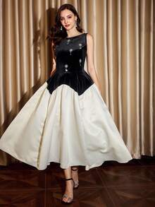 Vintamour Vintage klassisch elegantes Partykleid für Damen, Herbst/Winter, figurbetontes Patchwork-Kleid, Kleid mit Strass-Verzierung, Bootsausschnitt-Kleid, schwarzes Kleid, Samtkleid, ärmelloses Kleid, Kleid mit extra-weitem Saum