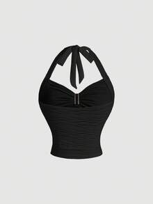 SHEIN MOD 度假吊带 V 领花卉金属扣针织纹理修身女士套装 - 黑色 - 查看 7