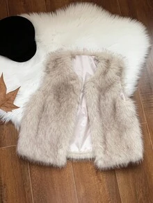 Young Girl Furry Gradient Color Block Open Front Fuzzy Coat Sleeveless Vest,Cute Casual National Style Fashionable Mom & Daughter Matching,Fall/Winter - Apricot - View 9