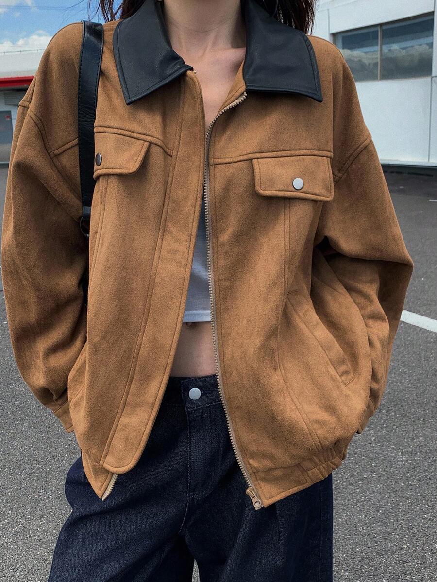 DAZY 女士PU拼接撞色宽松仿麂皮常规款夹克秋冬女装外套 - 棕色 - 查看 1