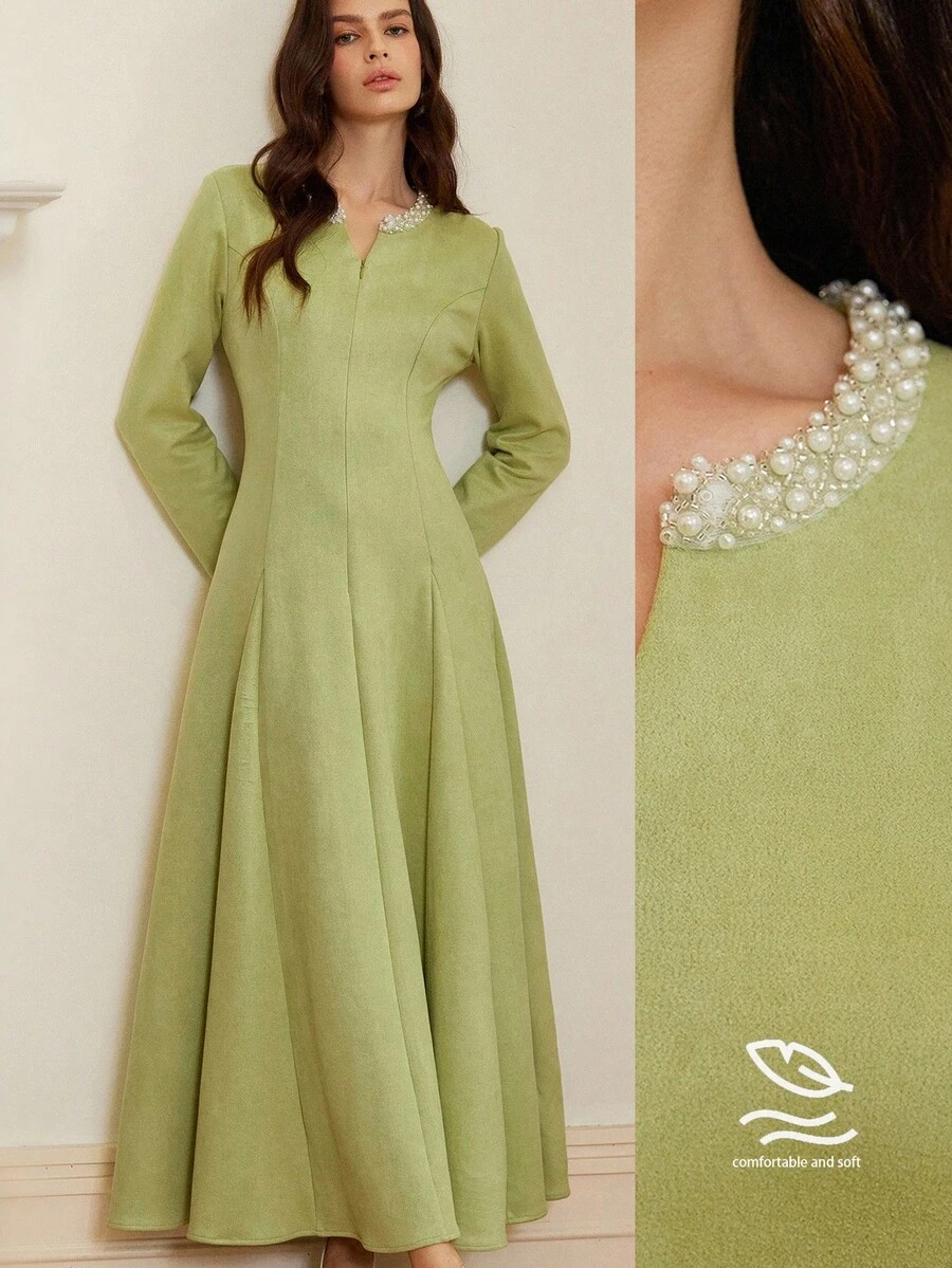 BELROSIE 绿色绒面天鹅绒 V 领长袖连衣裙,带水钻饰边,优雅收腰女式连衣裙 - 綠色 - 查看 1