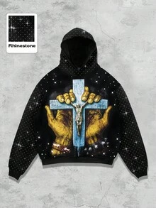 ROMWE MEN Street Life Sudadera con capucha de manga larga con gráfico de cruz, estilo casual punk y callejero, unisex, para otoño/invierno - Negro - Ver 4