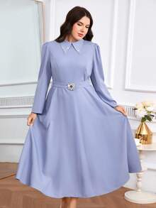 Modelyn Plus Size Women's Rhinestone Embellished Puff Sleeve Pointed Collar Elegant Dress - Blue - View 4