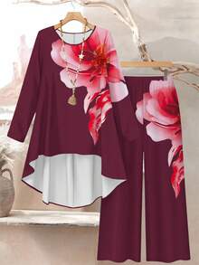 SHEIN Lacomfia Conjunto de 2 piezas de top de cuello redondo y pantalones de ajuste holgado con estampado digital de acuarela floral para mujer