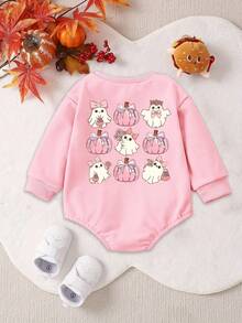 Halloween Baby Girl Casual Fashion Creative Tic-Tac-Toe Pumpkin, Bow, Ghost & Goblin Print Long Sleeve Bodysuit, Fall Clothes Winter - Pink - View 6