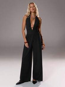 SHEIN Unity 1 Stück Damen Bodycon Jumpsuit, Schwarz, Frühling/Sommer, Büro & Party, gestrickt dehnbar locker, tiefer V-Ausschnitt rückenlos ausgeschnitten, elegant & sexy, geeignet für Alltag, Büro, formelle Anlässe - Schwarz - Übersicht 6