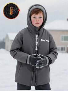 Tween Boy Outdoor Sports Casual Hooded Zipper Padded Coat, Creative Niche Design, Suitable For Snowy Weather, Dark Grey, Autumn/Winter Fall